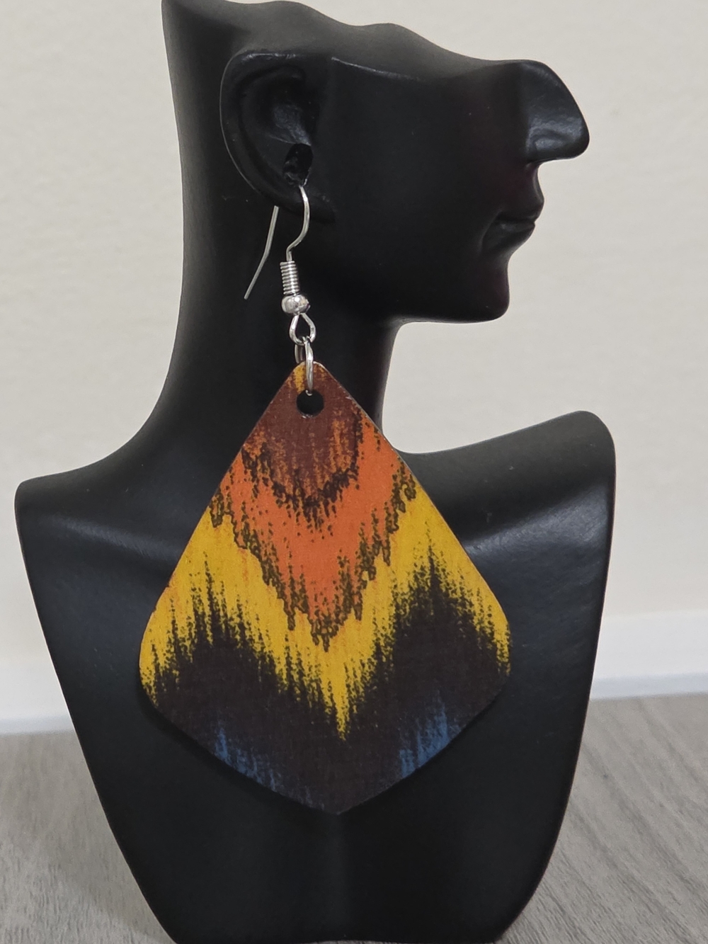 Bold Chevron Wooden Drop Earrings in Orange, Yellow & Blue - Picture 1 of 5